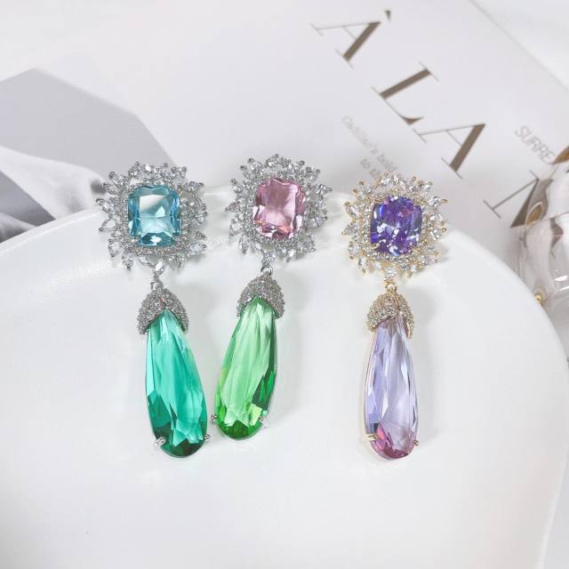 Luxury pave setting cubic zircon flower drop women earrings