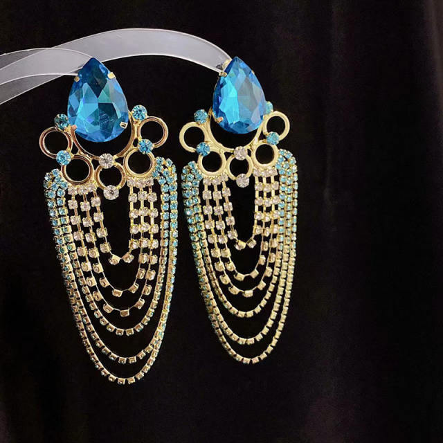 Luxury blue glass crstal tassel dangle earrings