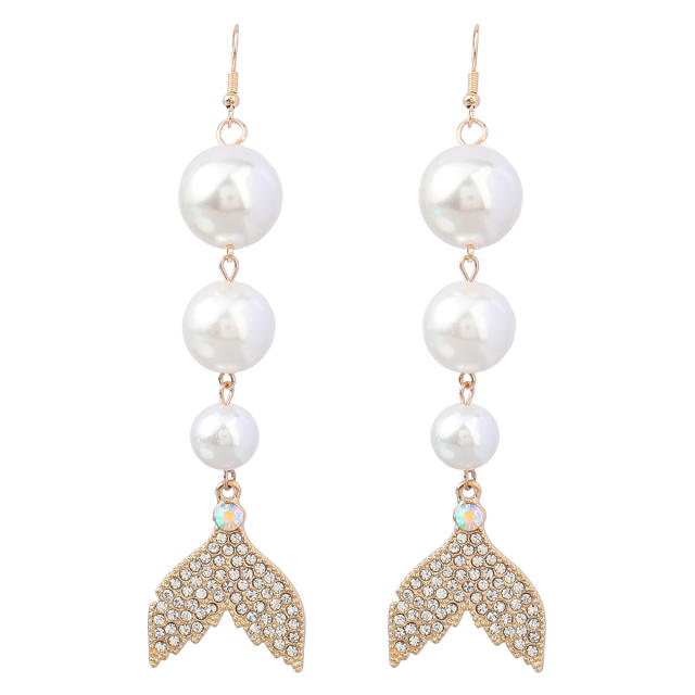 Rhinestone tail faux pearl long earrings