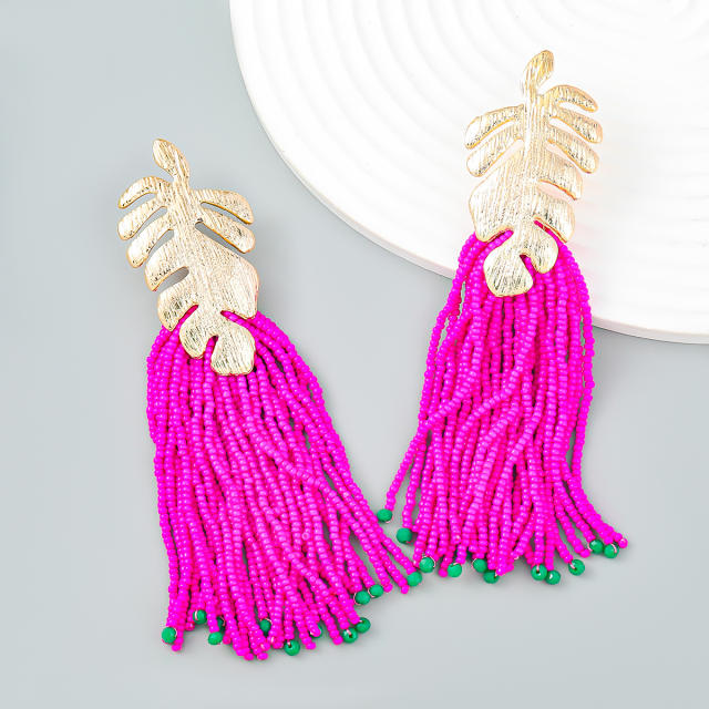 Color seed beads tassel gold leaf boho earrings