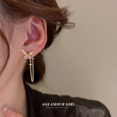 Rhinestone butterfly chain tassel earrings