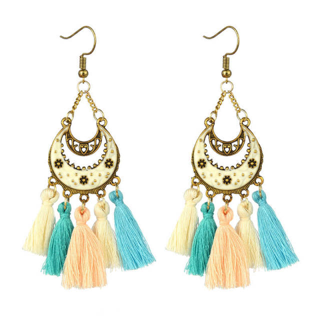 Vintage enamel moon shape tassel earrings