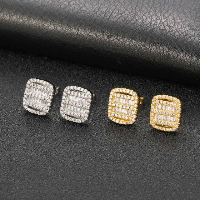 S925 Sterling silver needle pave setting cubic zircon hiphop ear studs