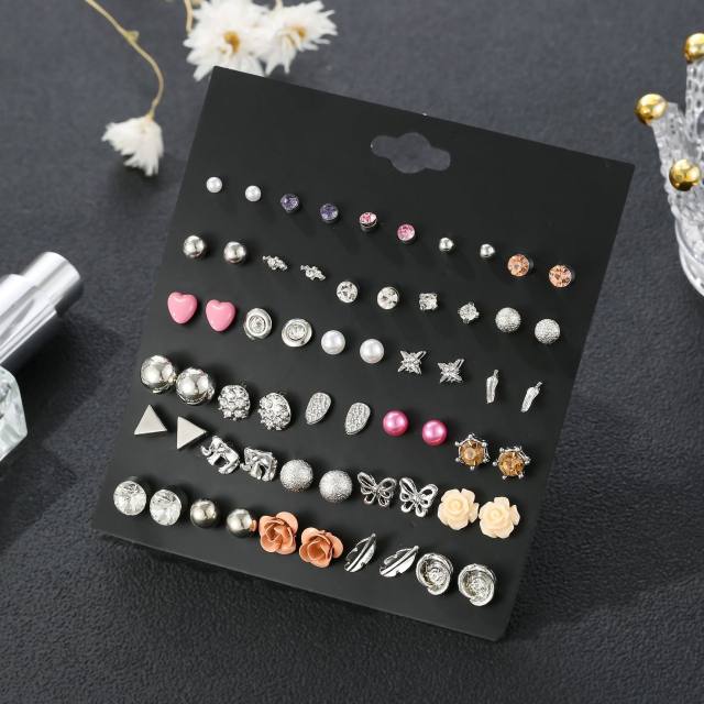 pearl and flower multi element ear studs set