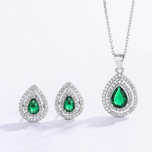 S925 sterling silver emerald drop pendant ear studs