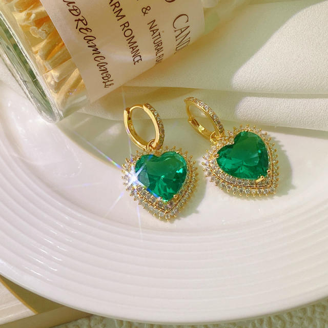 Luxury green color heart cubic zircon huggie earrings