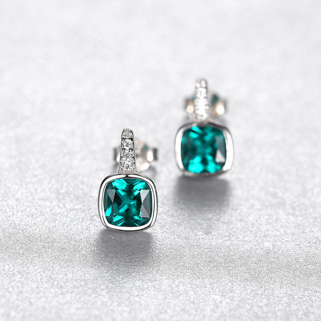 S925 sterling silver Emerald square shaped earrings