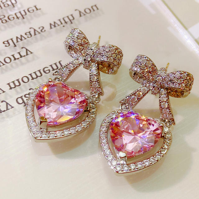 Vintage sweet pink cubic zircon heart bow earrings