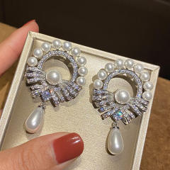 Luxury pave setting cubic zircon drop pearl earrings