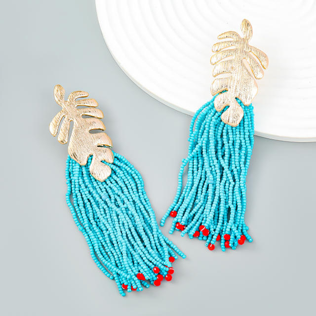 Color seed beads tassel gold leaf boho earrings