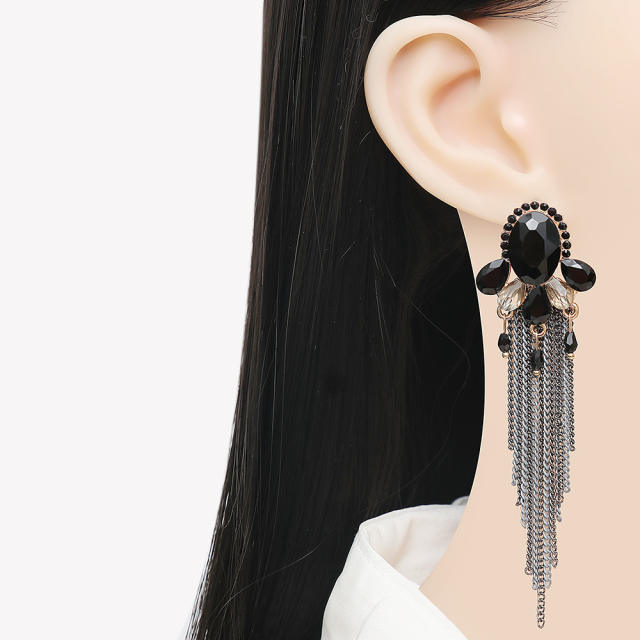 Black color chain tassel glass crystal earrings
