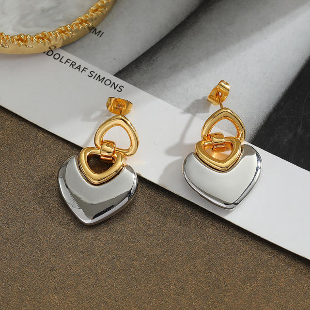 Top quality two tone real gold plated heart earrings