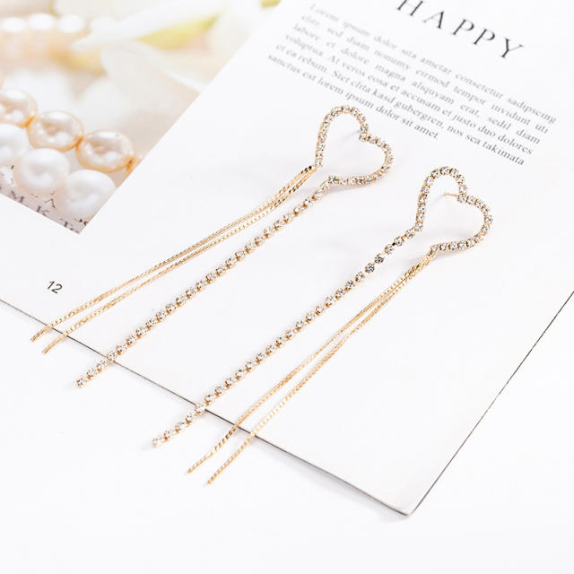 Elegant rhinestone heart long earrings