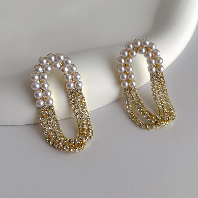 Korean fashion elegant pearl rhinestone tassel dangle earrings
