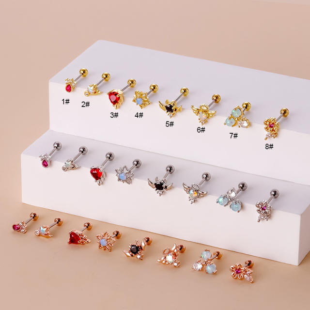 Color cubic zircon stainless steel needle ear studs