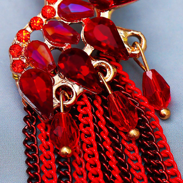 Geometric red color glass crystal chain tassel earrings