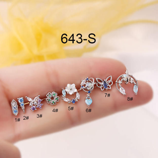 Colorful cubic zircon stainless steel needle helix ear studs