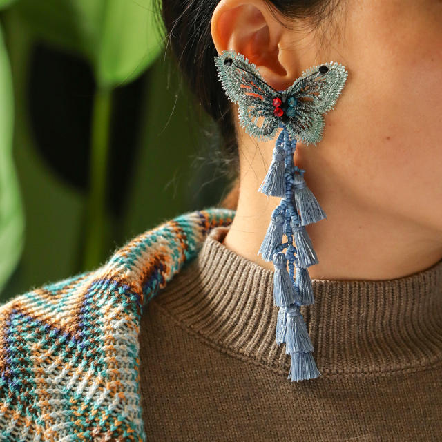 Boho colorful rope tassel butterfly flower dangle earrings