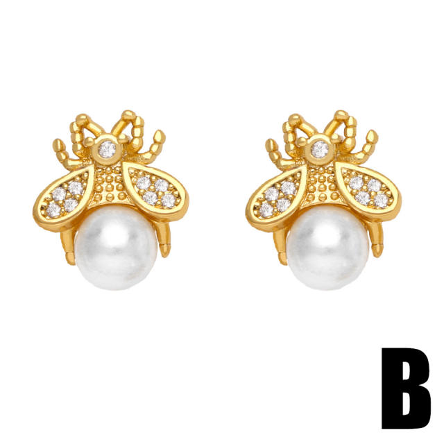 Cute bow bee rhinestone pearl studs