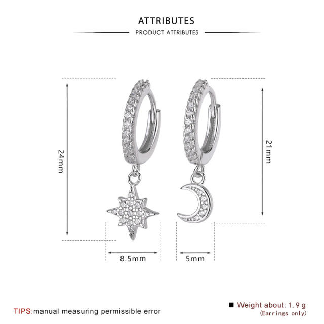 S925 silver moon star asymmetric huggie earrings