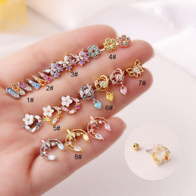 Colorful cubic zircon stainless steel needle helix ear studs