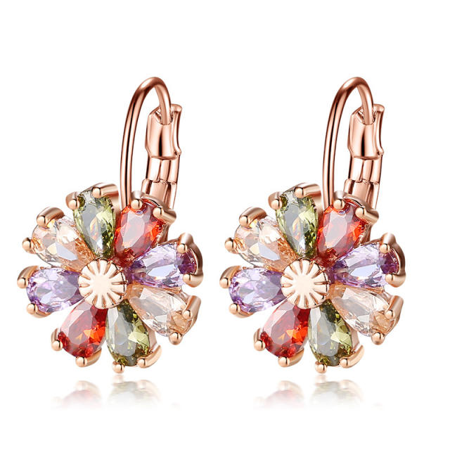 Cubic zircon flower colored huggie earrings