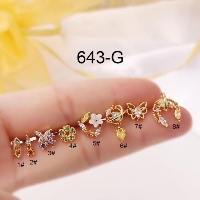 Colorful cubic zircon stainless steel needle helix ear studs