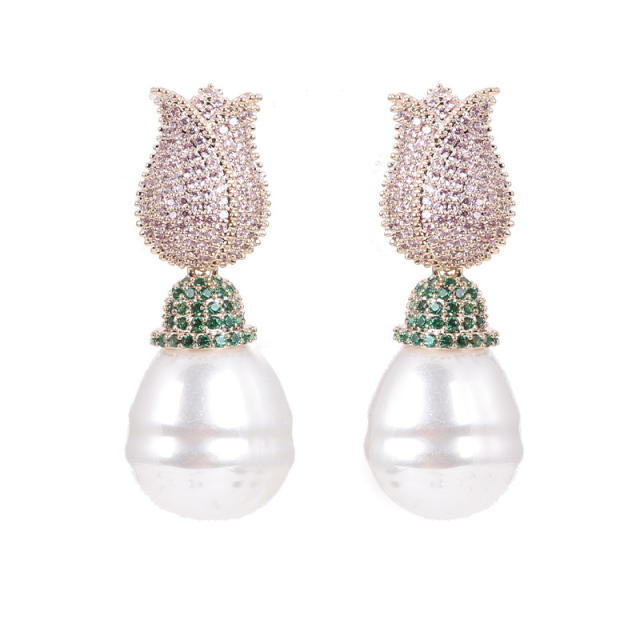Luxury AAA color cubic zircon rose flower pearl earrings