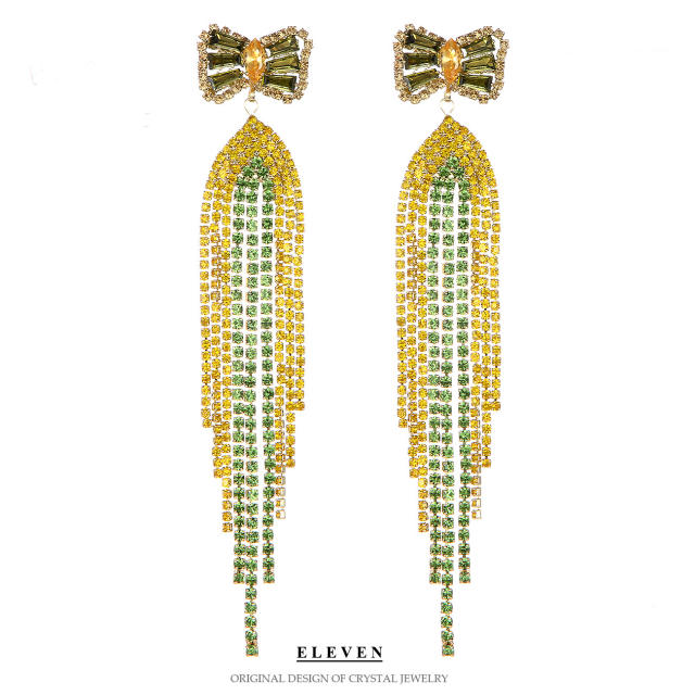 Sweet yellow color bow long tassel diamond earrings