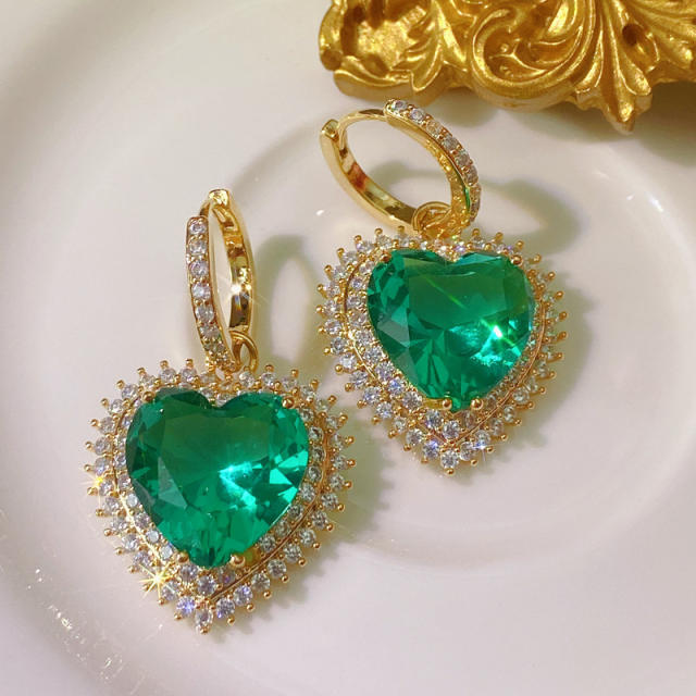 Luxury green color heart cubic zircon huggie earrings