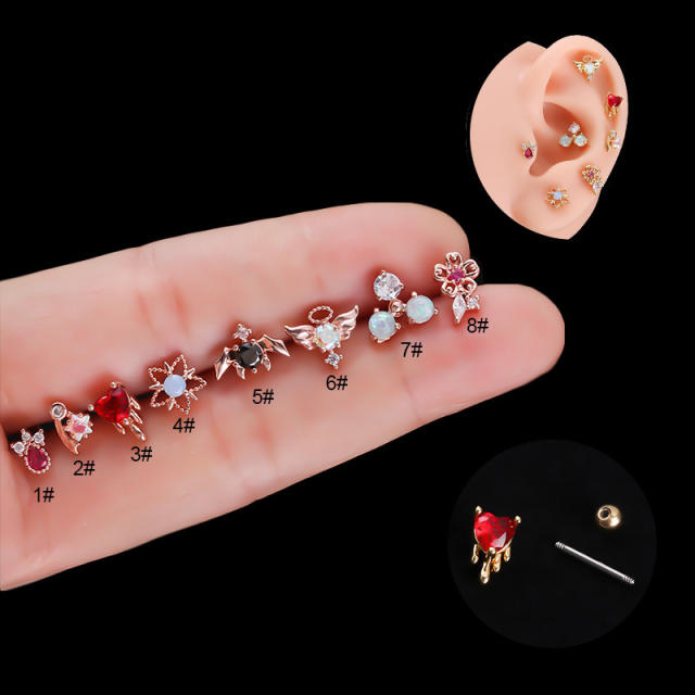 Color cubic zircon stainless steel needle ear studs