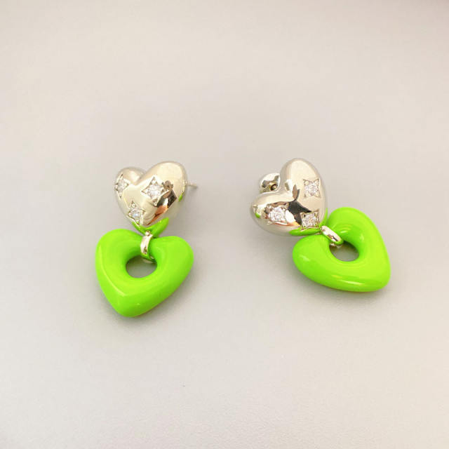 S925 needle green color enamel heart earrings