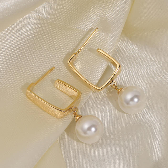 Pearl charm square clip on earrings drop earrings