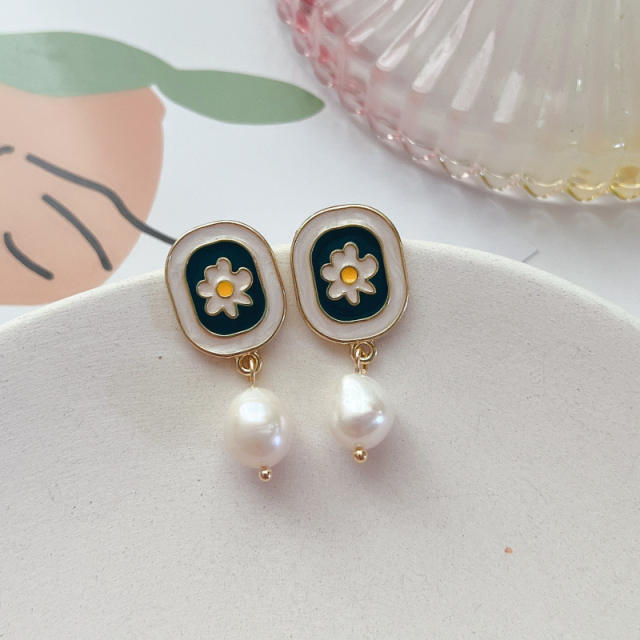 Vintage enamel fruti baroque pearl dangle earrings