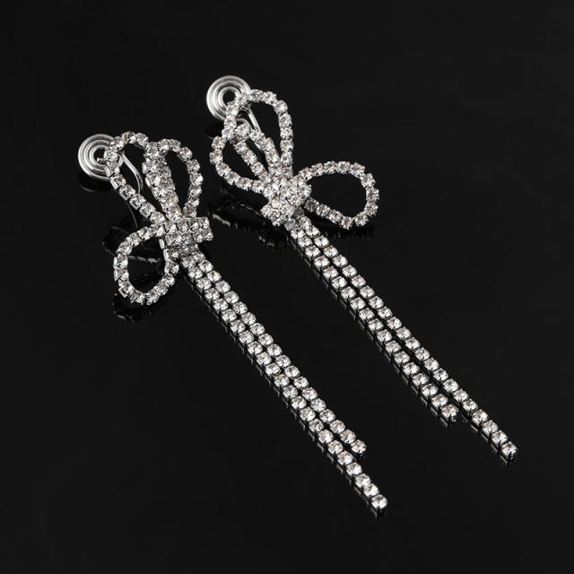 Diamond bow tassel dangle earrings clip on earrings