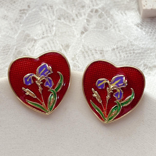 Vintage enamel heart 925 needle ear studs