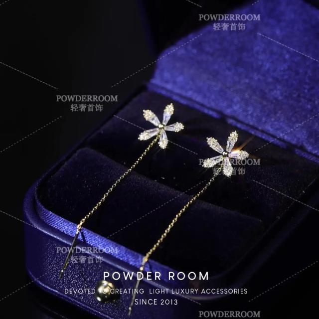 S925 sterling silver needle cubic zircon flower threader earrings