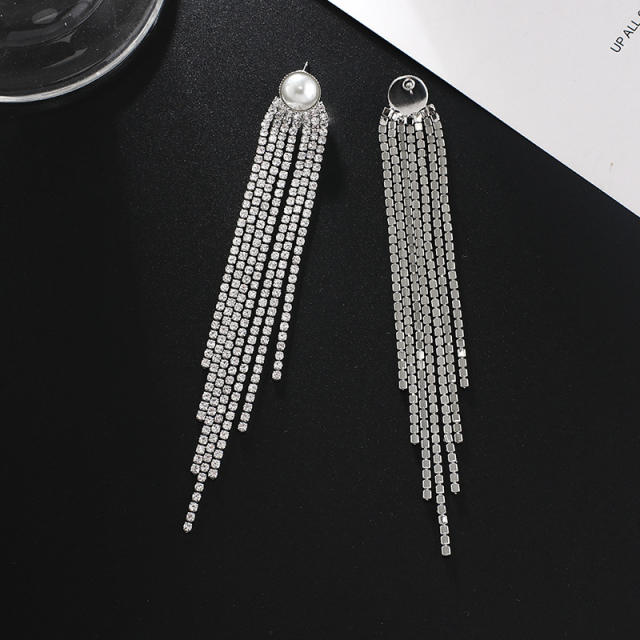 Korean fashion pearl rhinestone tassel long earrings