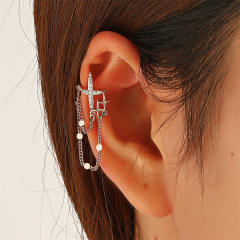 Diamond cross tassel ear cuff