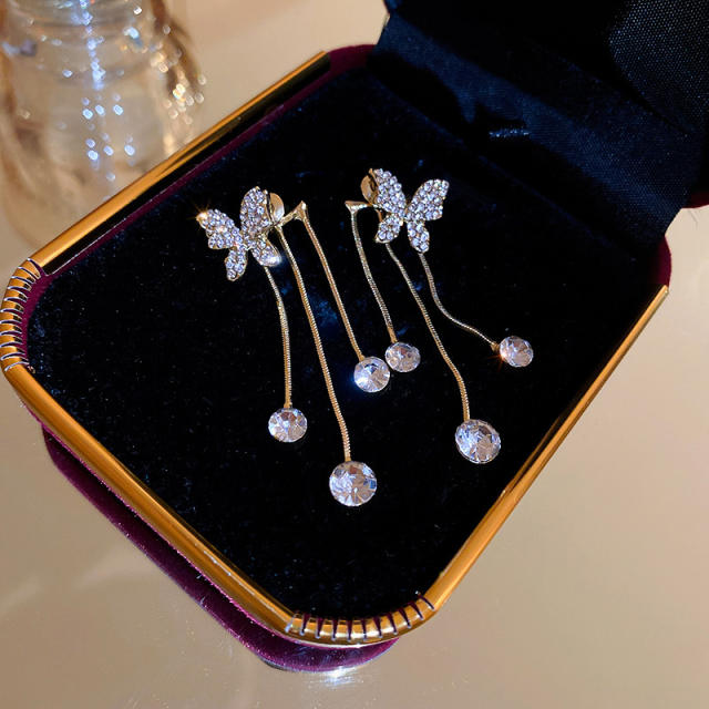 Silver needle diamond butterfly jacket earrings
