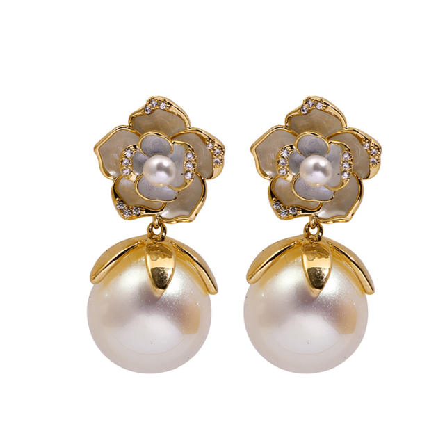 Shell flower pearl clip on earrings drop earrings