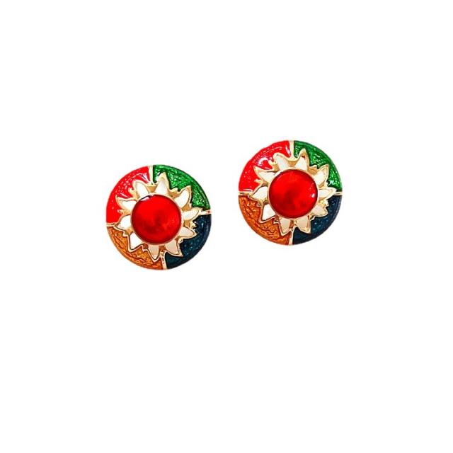 Vintage color enamel round shape 925 needle ear studs