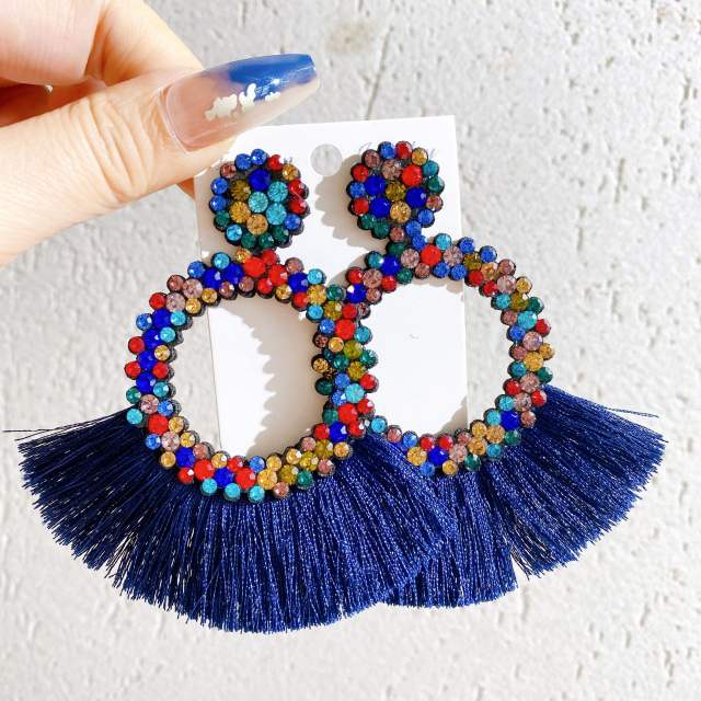 Creative rhinestone colorful rope tassel ring earrings