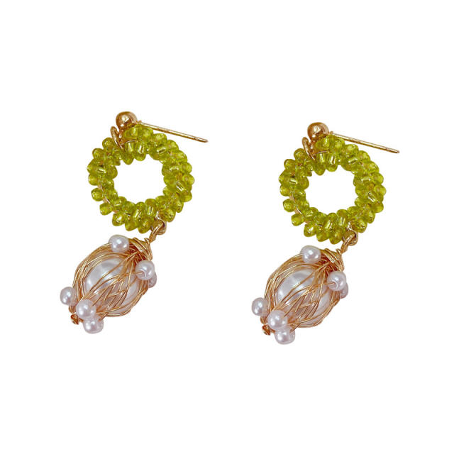 Green color crystal beaded pearl dangle earrings