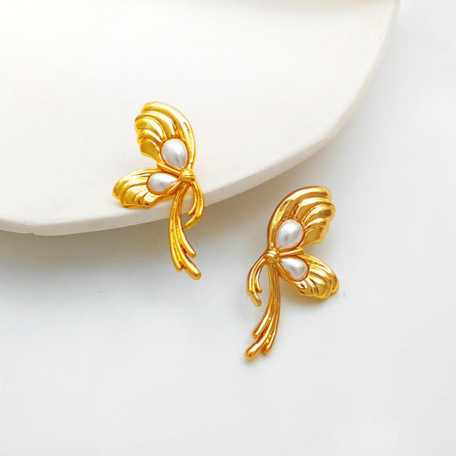S925 needle cute gold color bowknot ear studs