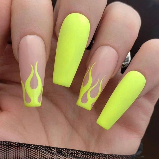 Frosted fluorescent yellow flame false nails