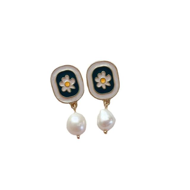 Vintage enamel fruti baroque pearl dangle earrings