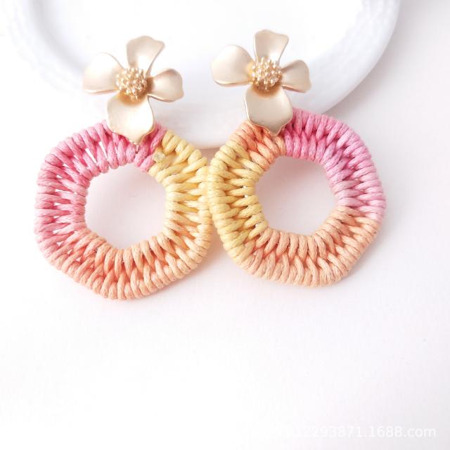 Korean hand-woven wax rope geometric shape flower earrings