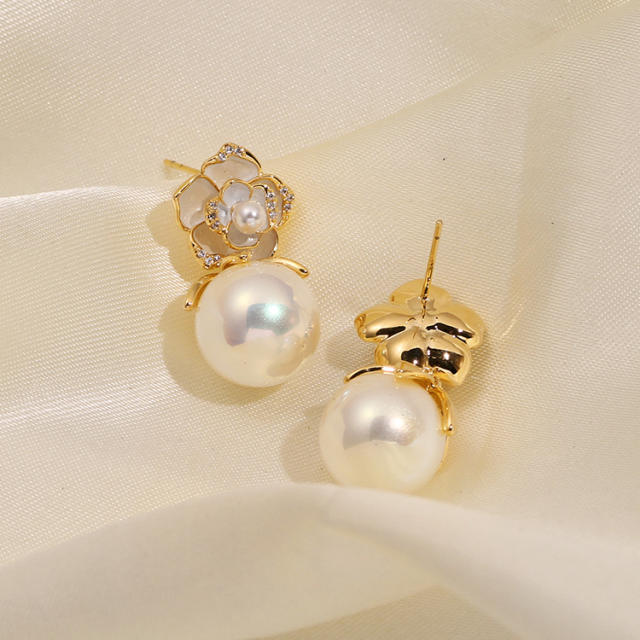 Shell flower pearl clip on earrings drop earrings