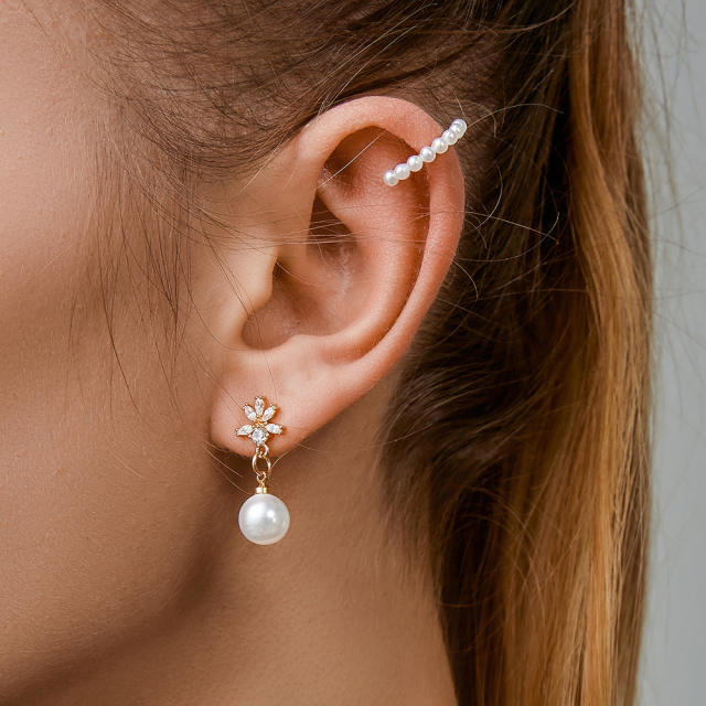 Pearl drop earrings ear cuff set